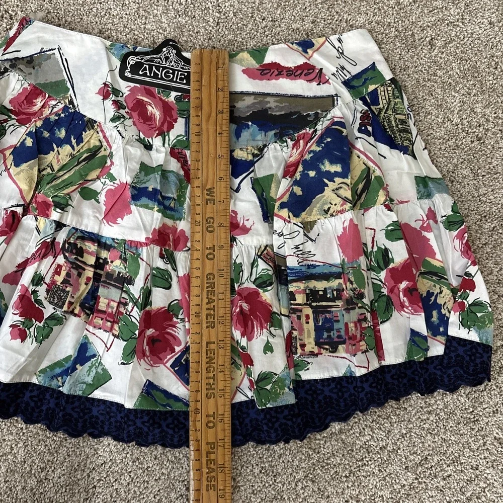 Angie Italy L Ruffle Pleated Mini‎ Skirt Picturesque Flare Floral Travel NEW